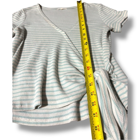 Copper Key V-Neck Short Sleeve Rib Knit Front Tie Green and White Striped Top - Picture 8 of 16